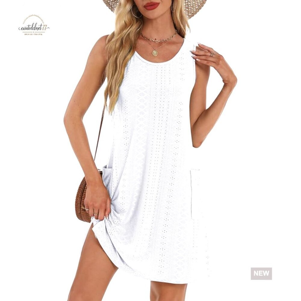Loose Sleeveless Sundress with Pockets Eyelet Fabric Casual Summer Dress